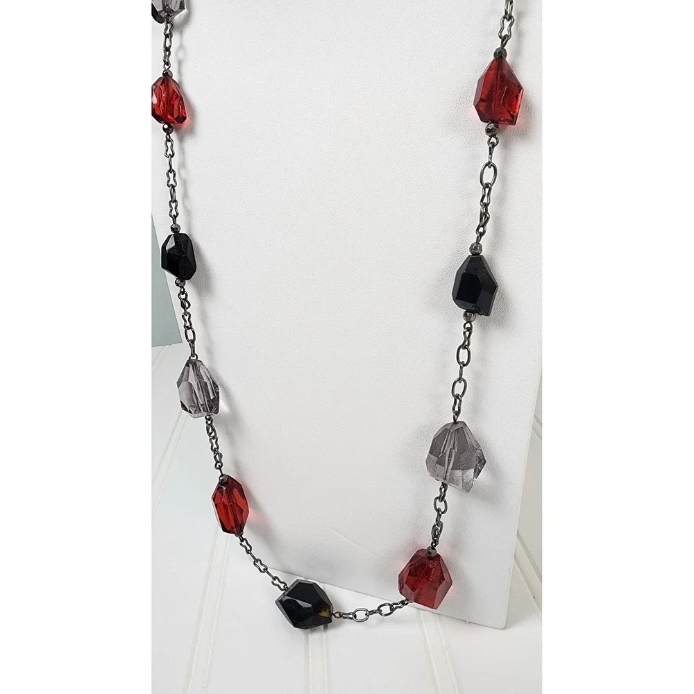 Long Beaded Necklace Red Black Gray Faceted Gemstone‎ Chain Costume Jewelry